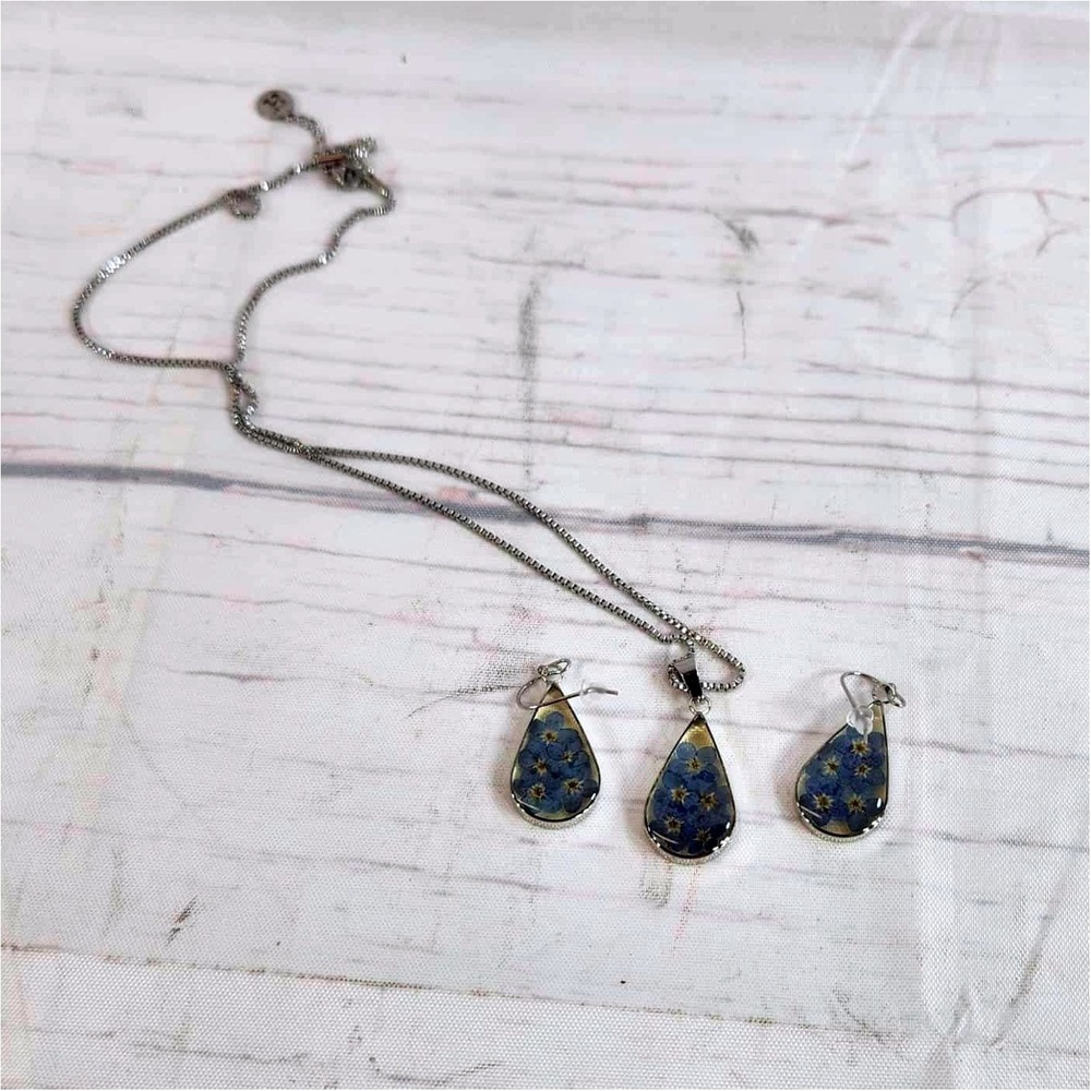 Teardrop‎ Flower Earrings Necklace Jewelry Set, Pressed Blue Forget Me Not
